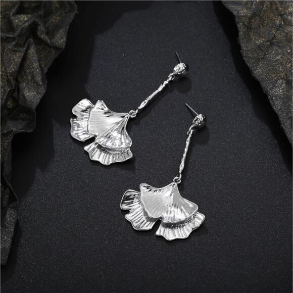 Silver Ginkgo Leaf Earrings | Elegant Statement Dangle Jewelry - Picture 5 of 5